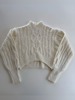 Forever 21 Cropped Sweater Women’s M Off White Cable Knit Mock Neck Oversized